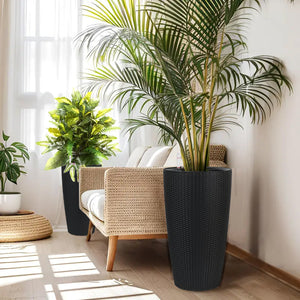 Set of 2 Faux Rattan Tall Planters with Automatic Watering System