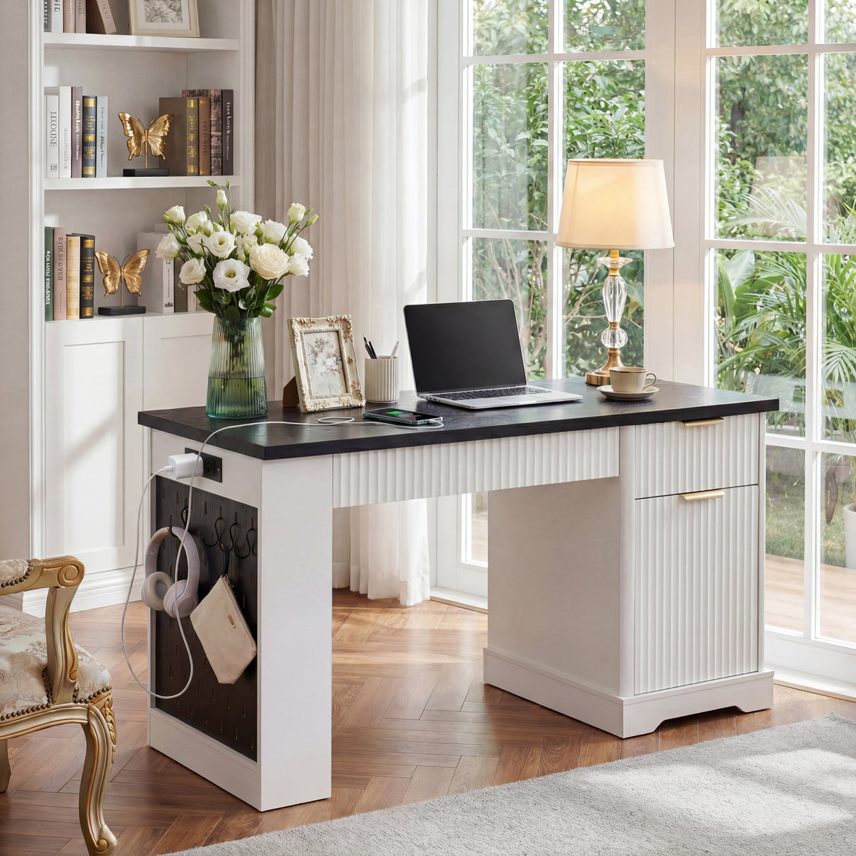 55" Modern Fluted Office Desk with Storage Cabinet & Drawers
