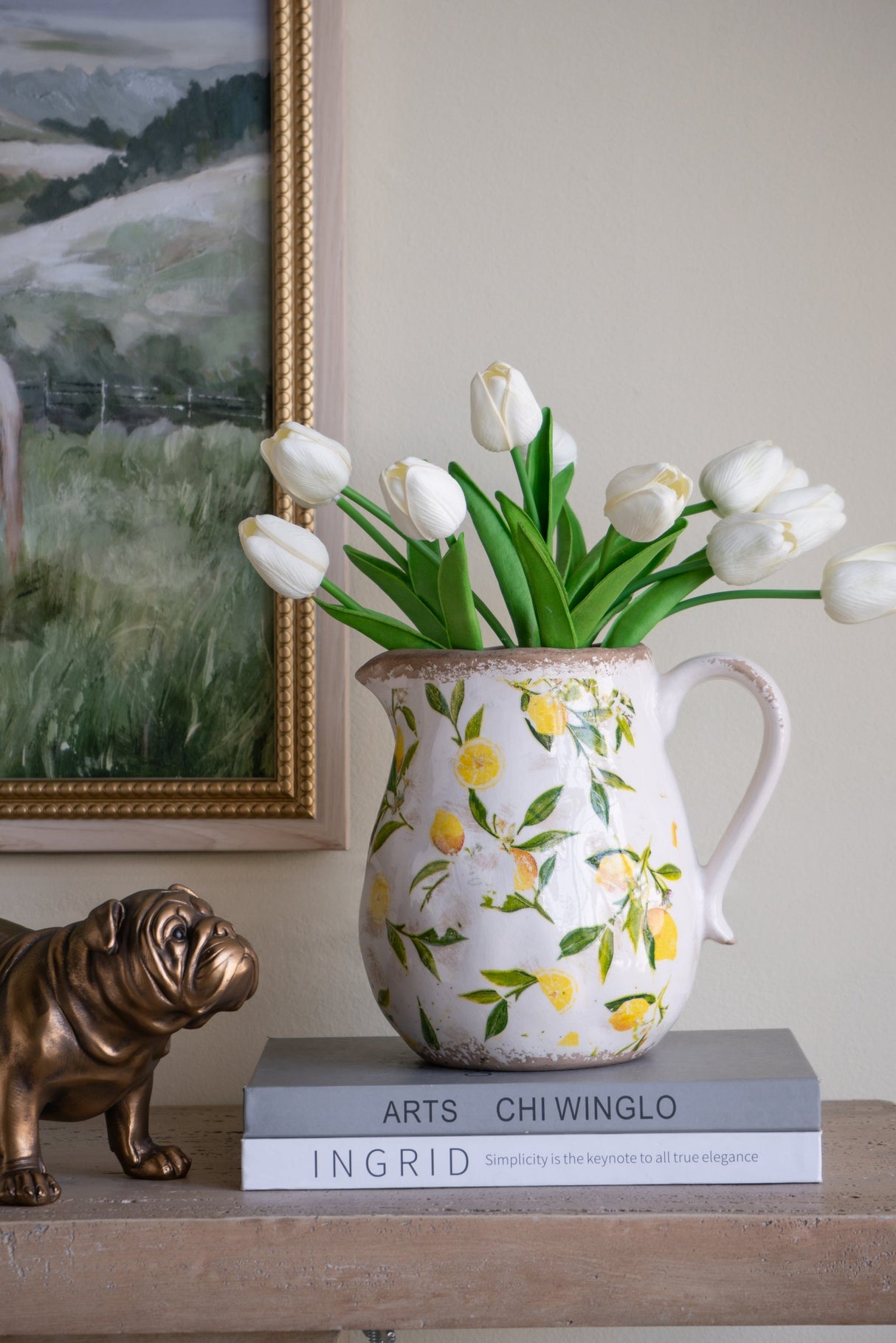 7.9x6.5x7.9" White Ceramic Pitcher Vase with Yellow Lemon Motif