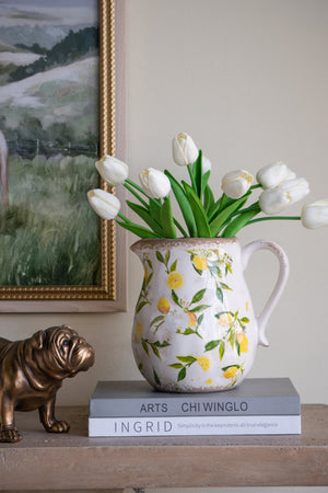 7.9x6.5x7.9" White Ceramic Pitcher Vase with Yellow Lemon Motif