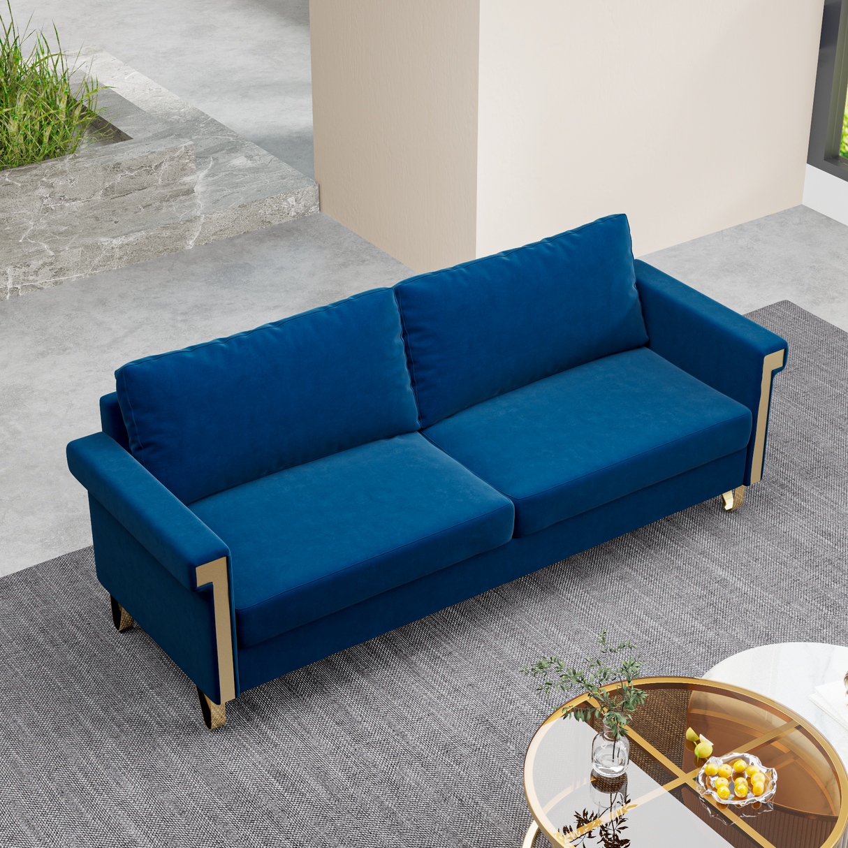 Alician Blue Velvet Sofa with Gold Accents and Flared Arms