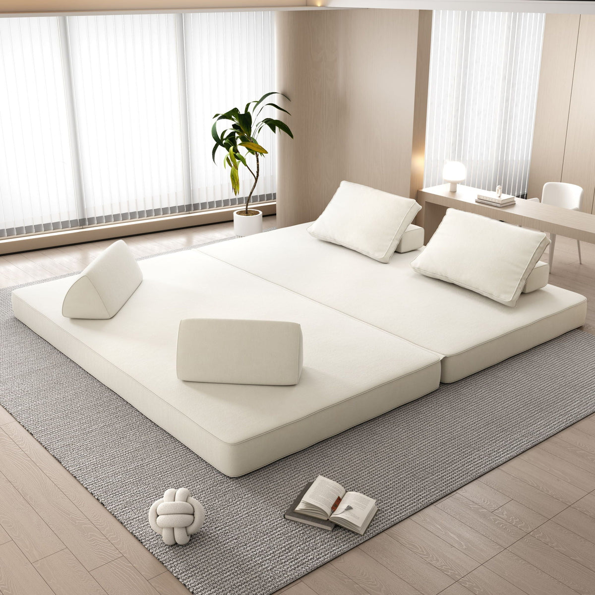 Convertible Fabric Futon Sofa Bed with Tumbler Backrests and Pillows - Gray or Beige