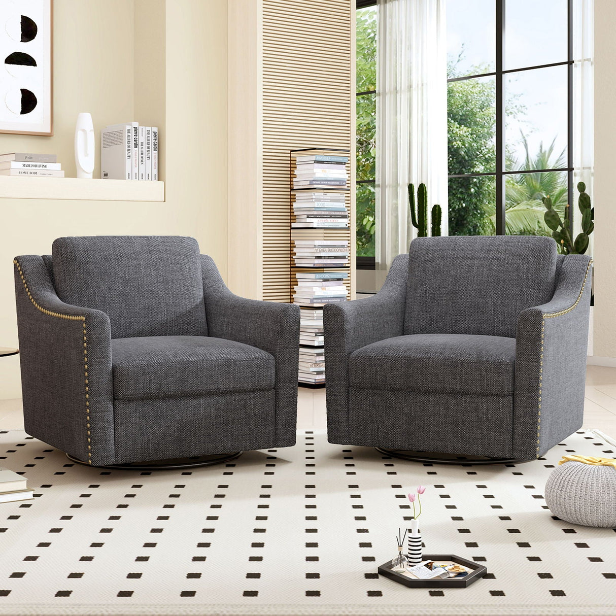 360 Degree Swivel Armchair, Skin Friendly Fabric, Ergonomic Design, Brass Nail Decorative Armchair