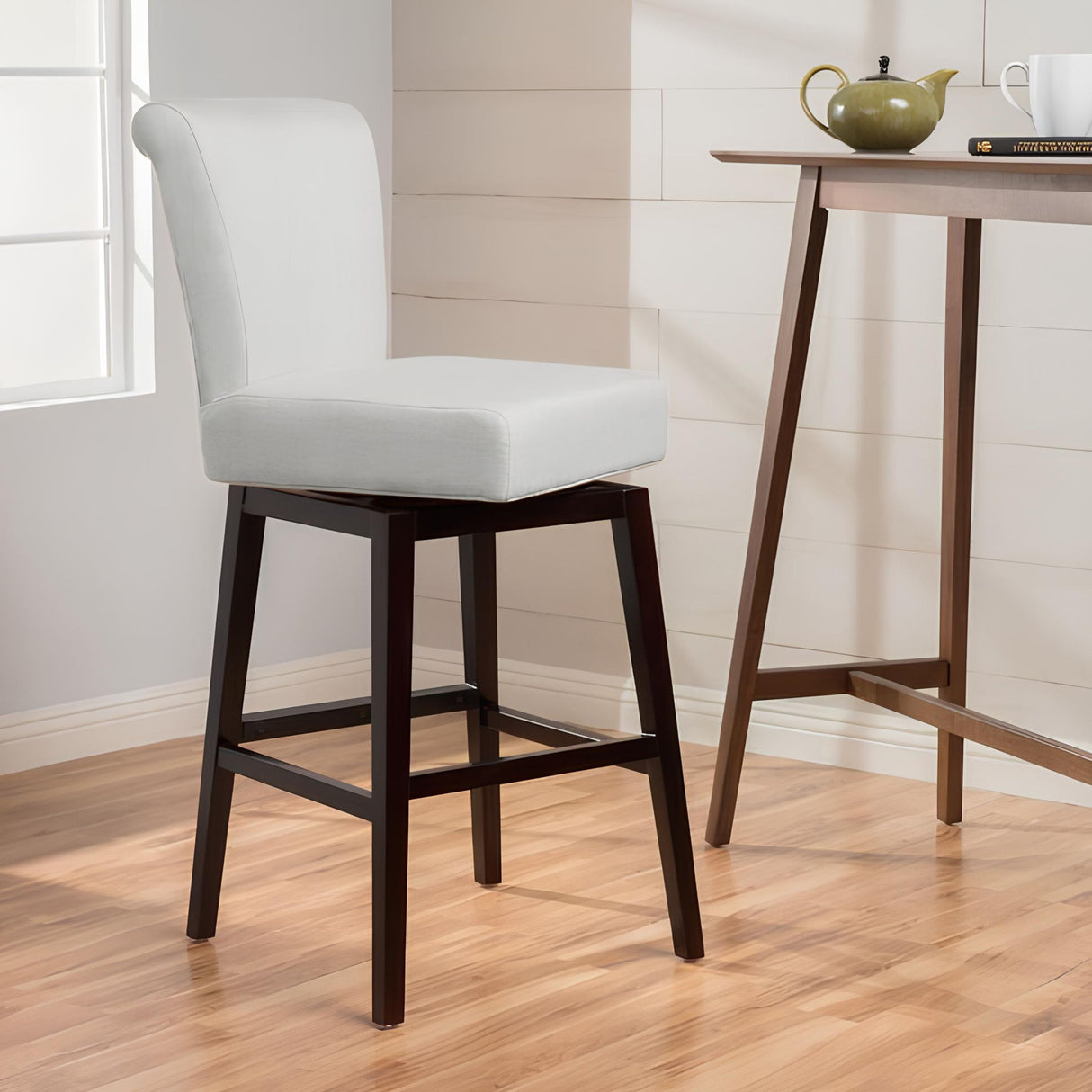 Quicksilvered Upholstered Swivel Counter Stool With Wood Legs - Beige