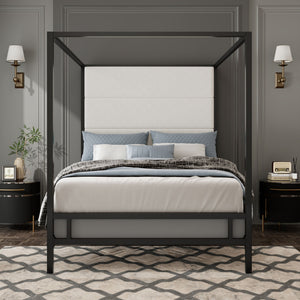 Canopy Bed With Tall Upholstered Headboard, 4 Poster Frame