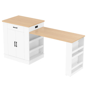 Extendable Island Console with Drawers, Double-Door Cabinet, and Open Shelving