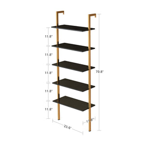 5-Tier Solid Wood Ladder Shelf with Industrial Style - Black & Golden