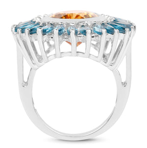 7.54 Carat Genuine Citrine & London Blue Topaz .925 Sterling Silver Ring
