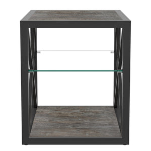 Modern End Table Nightstand with Tempered Glass & Wood Grain MDF