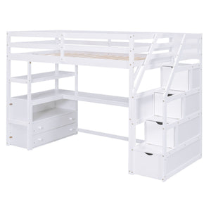 Loft Bed With Desk, Shelves, 2 Drawers, Storage Staircase