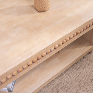 Modern Wood Coffee Table with Beaded Trim – 47 Rectangular Coffee Table with Open Storage Shelf, Light Natural Finish – Farmhouse & Coastal Living Room Furniture