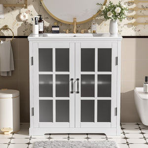 Modern Bathroom Vanity with Ceramic Sink and Tempered Blurred Glass Doors