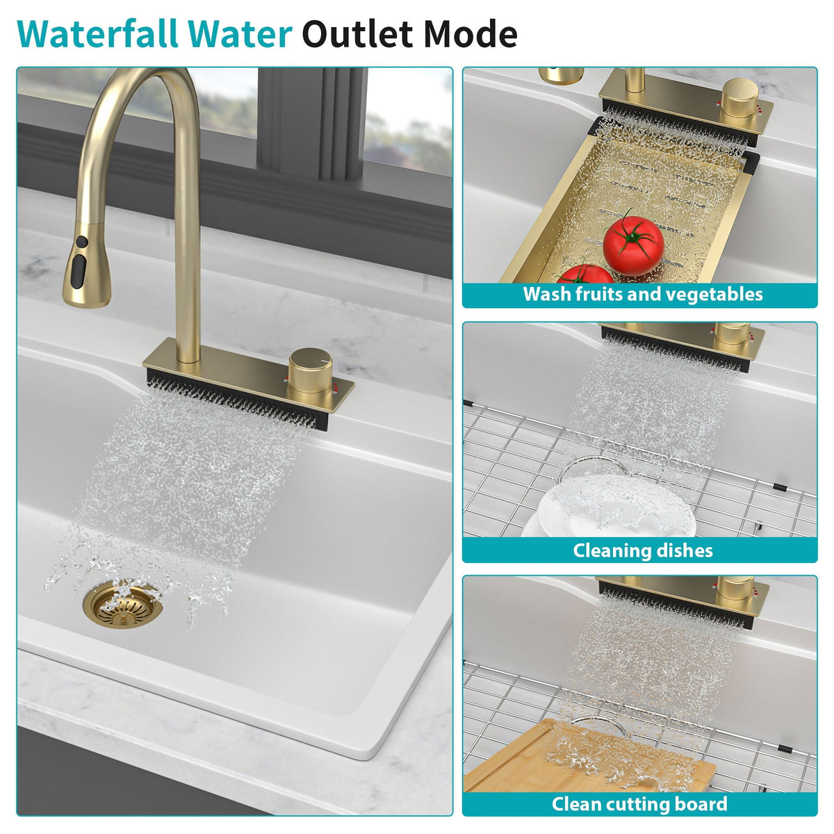 Waterfall Kitchen Sink With Pull Out Faucet & Cup Washer