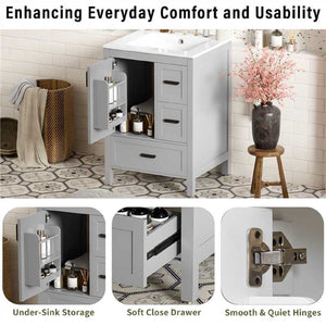 Bathroom Vanity With Sink, Soft Close Door, Double Layer Door Shelf And 3 Drawers - Gray