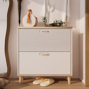 Narrow - Entryway Shoe Storage Cabinet With 2 Flip Drawers Legs - Natural / White