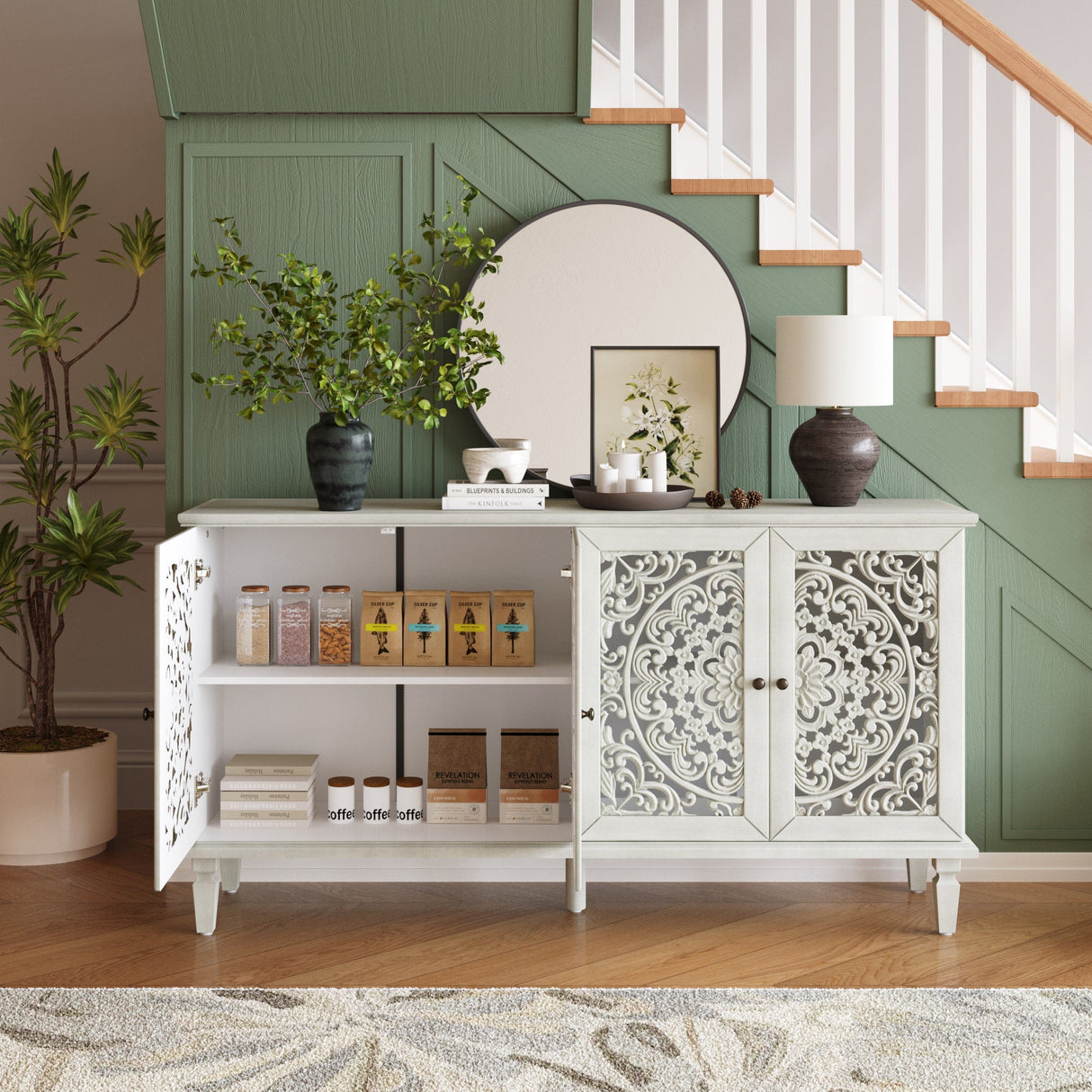 60" Antique Buffet Cabinet with Floral Carvings and Solid Wood Legs