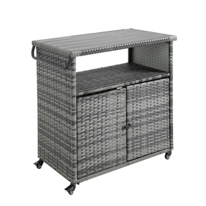 Outdoor Wicker Bar Cart with Glass Top and Wheels