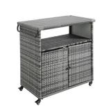 Outdoor Wicker Bar CartPatio Wine Serving Cart w/Wheels Rolling Rattan Beverage Bar Counter Table w/Glass Top for Porch Backyard Garden Poolside PartyLight brown