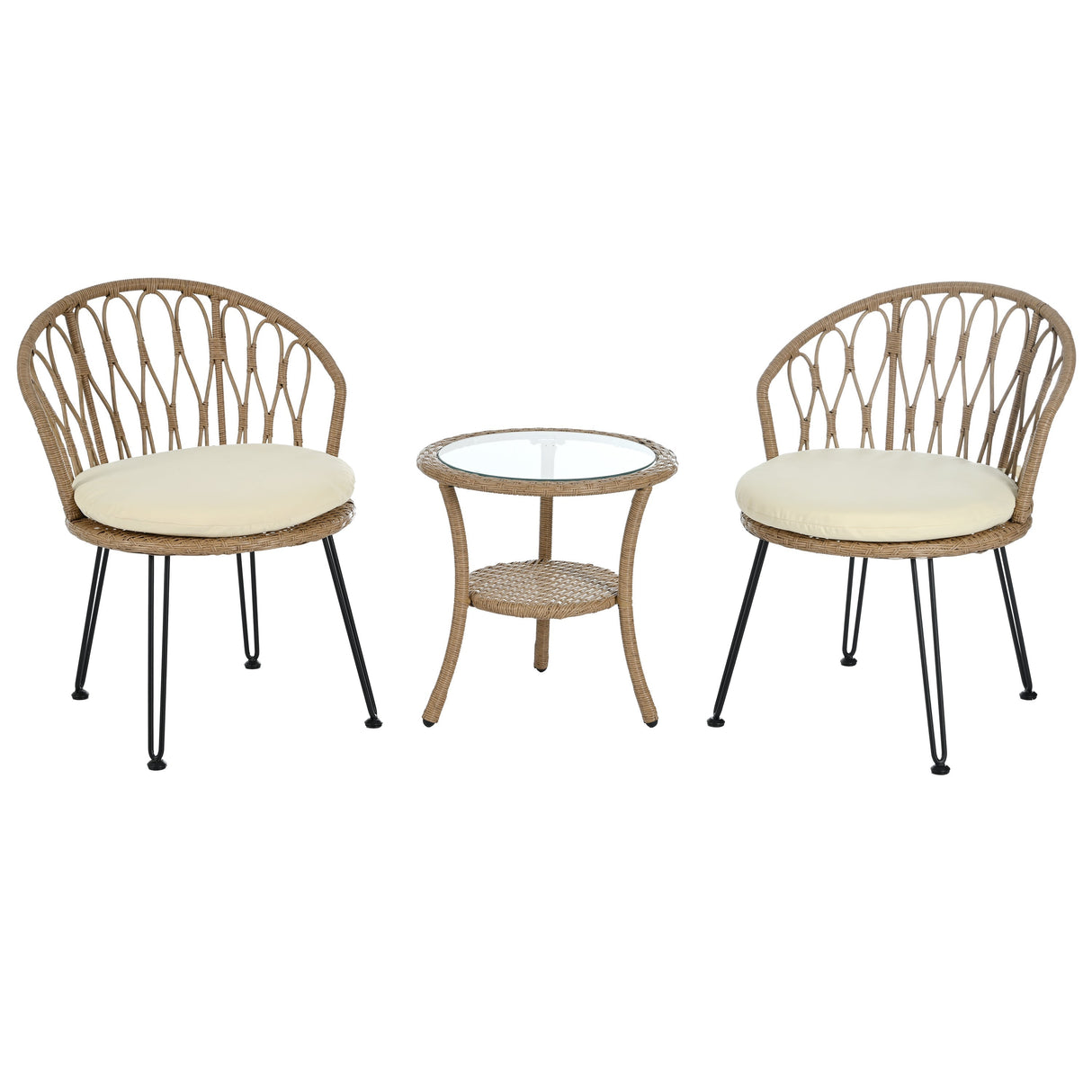 U_STYLE Outdoor Leisure Set, 2 Rattan Single Chairs with Glass Round Table