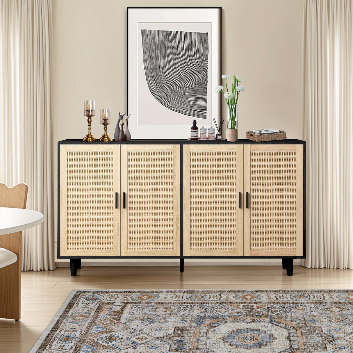 Elegant and Functional 4-Door Rattan Decorative Storage Cabinet