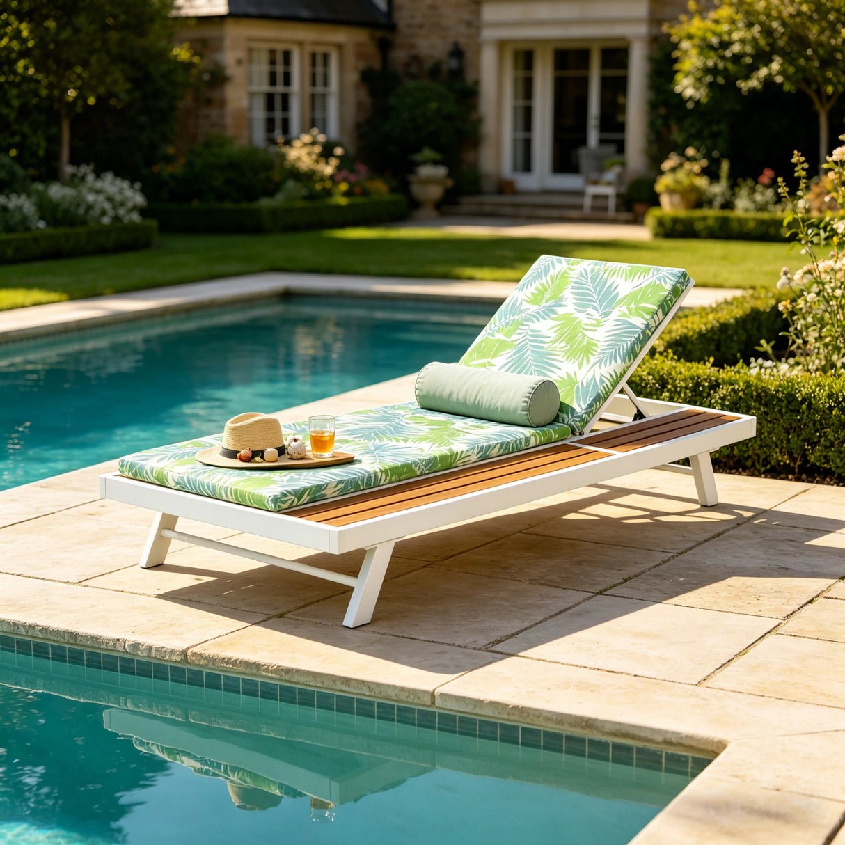 White Iron and Teak Finish Outdoor Chaise Lounge Set