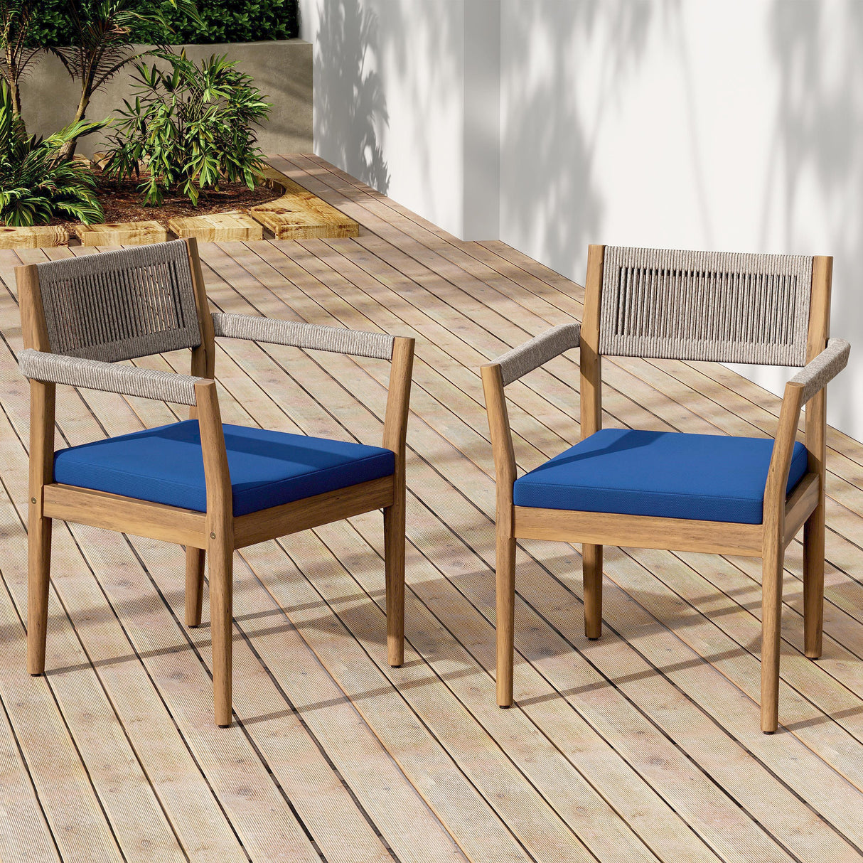 Braided Acacia Wood Outdoor Dining Chairs Set of 2 – Teak Look