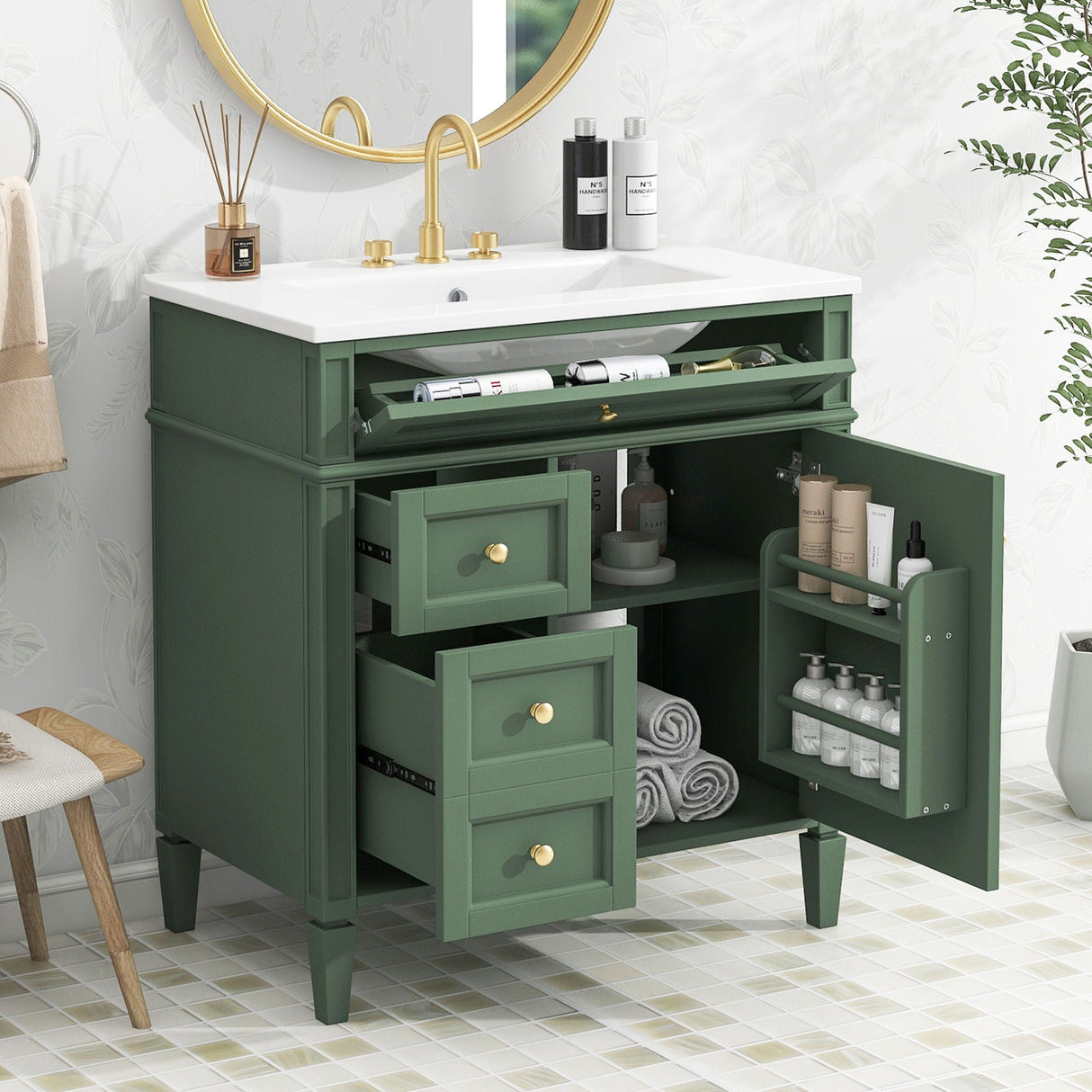 Bathroom Vanity With Top Sink, Storage Cabinet With 2 Drawers, Tip Out Drawer