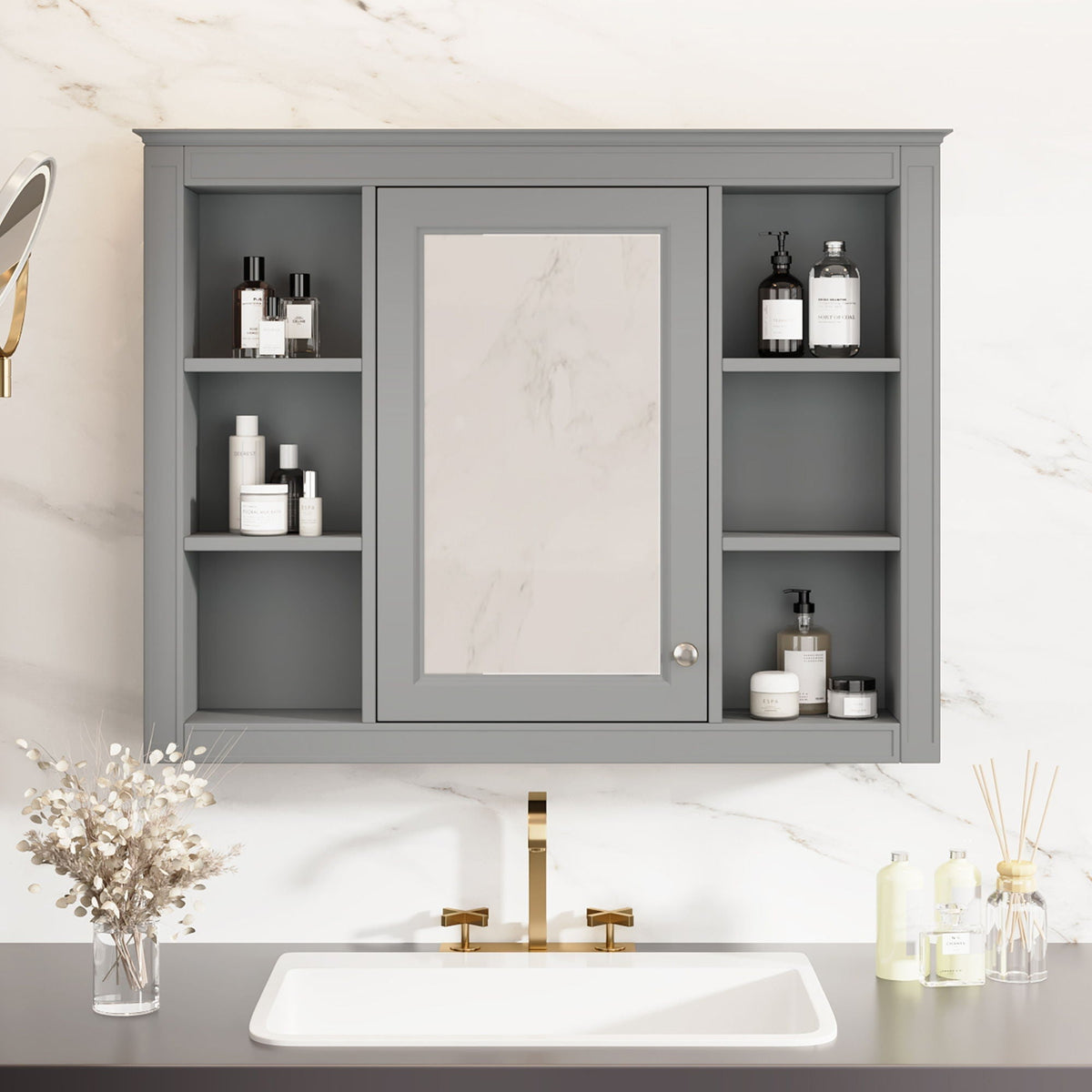 Wall Mounted Medicine Cabinet with Mirror and 6 Open Shelves - Multiple Colors