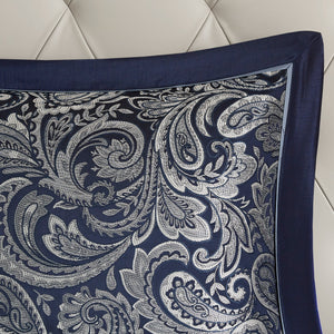 Navy 12 Piece Comforter Set with Cotton Bed Sheets - Queen, Paisley Jacquard