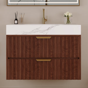 30" Modern Floating Bathroom Vanity with Seamless Sintered Stone Top & Ceramic Basin – 2 Soft-Close Drawers, Wall-Mounted