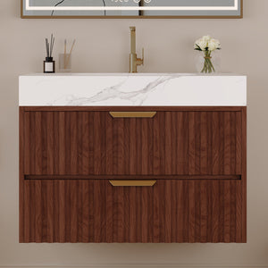 30" Modern Floating Bathroom Vanity with Seamless Sintered Stone Top & Ceramic Basin – 2 Soft-Close Drawers, Wall-Mounted