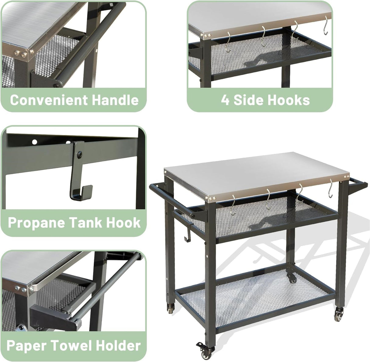 3-Shelf Outdoor Grill Table with Wheels
