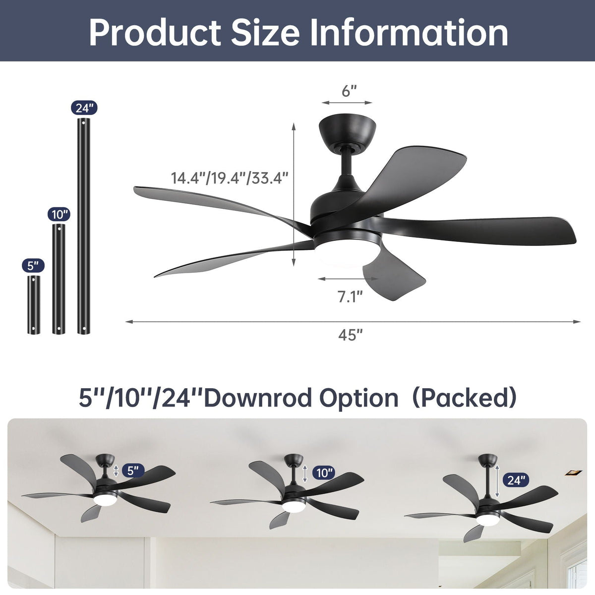 45-Inch Ceiling Fan with DC Motor and Integrated Light - Wood Grain