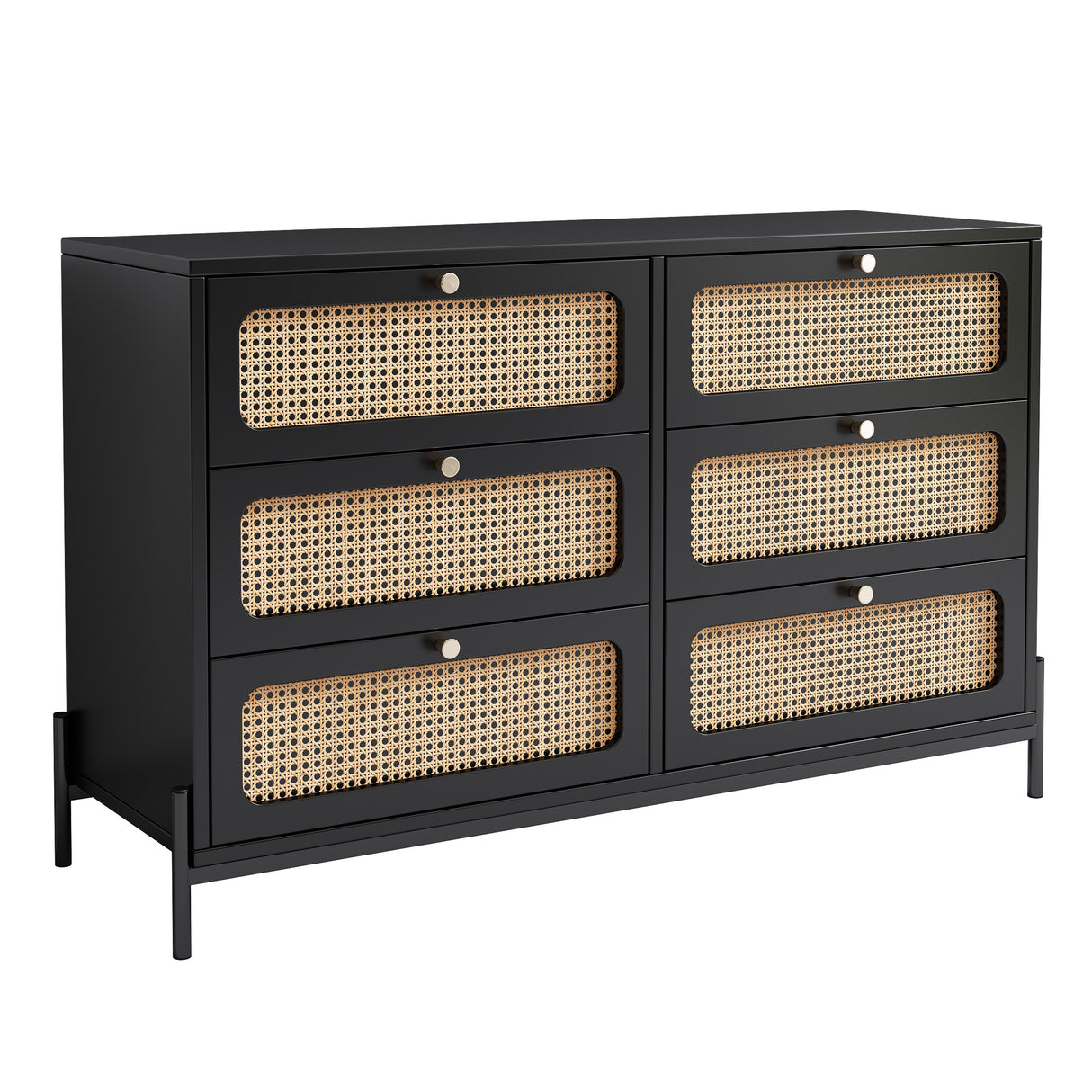 Modern Cannage Rattan Wood Closet 6-Drawer Dresser Wood Storage Cabinet in Black