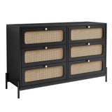Modern Cannage Rattan Wood Closet 6-Drawer Dresser Wood Storage Cabinet in Black