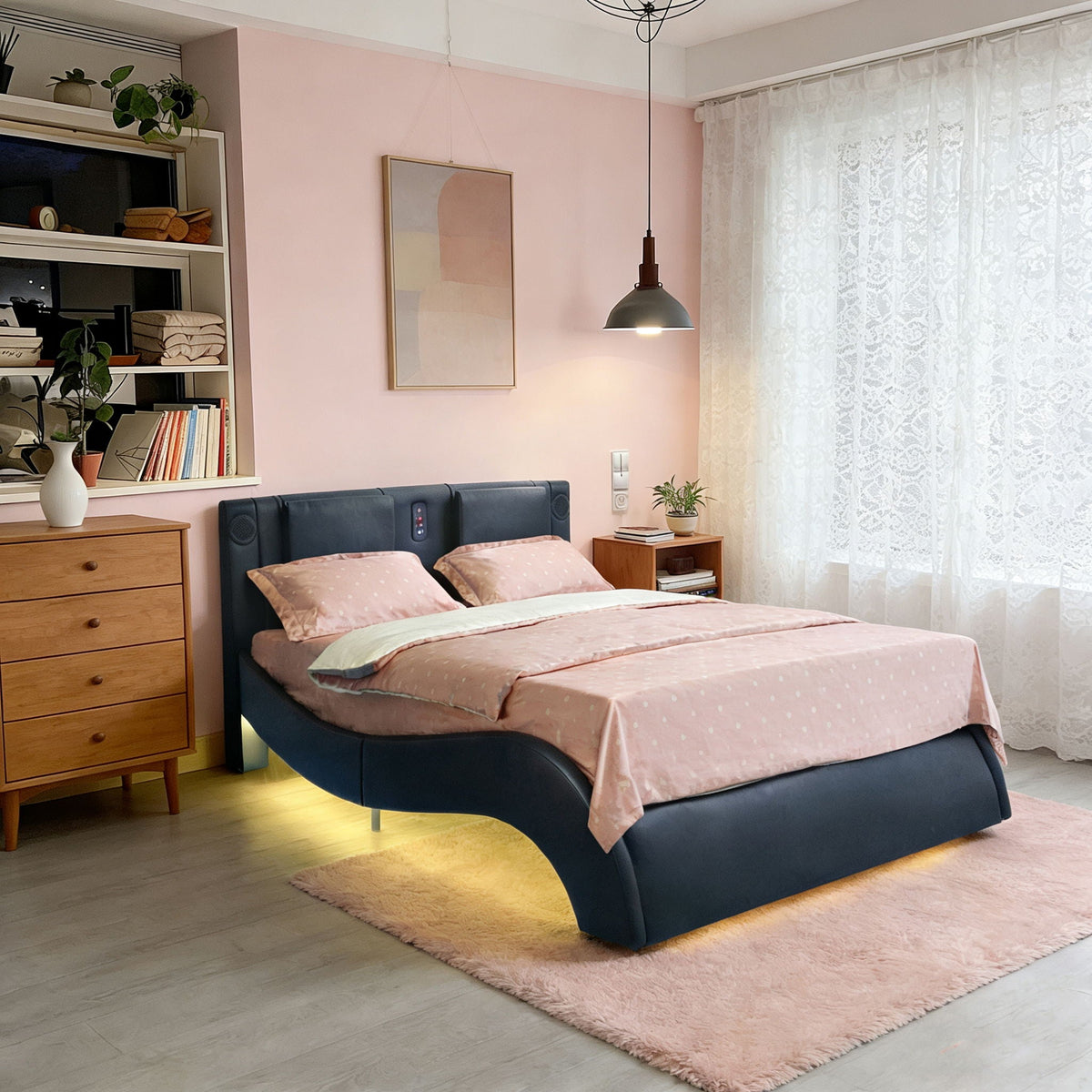 Platform Bed Frame With LED Lighting, tooth Music, Vibration Massage