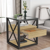 1 Piece Modern End Table with Drawer - Natural Wood & Tempered Glass