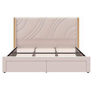 Modern Upholstered LED Bed Frame With Storage Drawers, Wingback Headboard, RGB Light