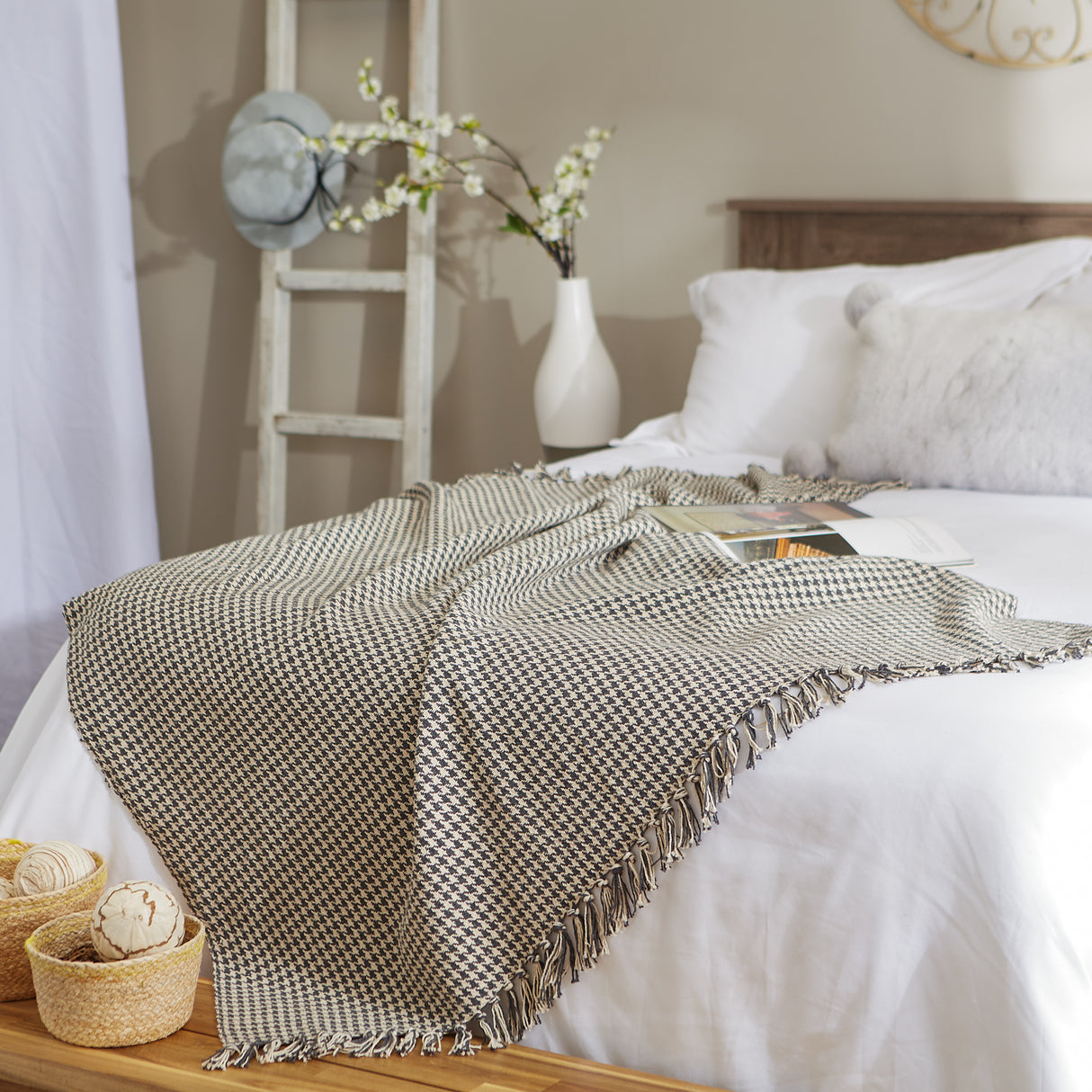 DII Houndstooth Cotton Throw, 50x60-inches, Mineral