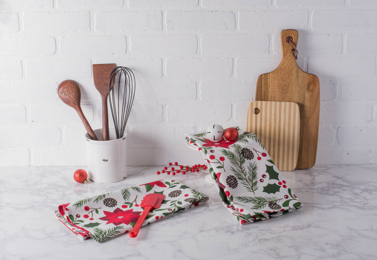 DII Holiday Printed Dishtowel Set 2 Piece, Sprigs Print