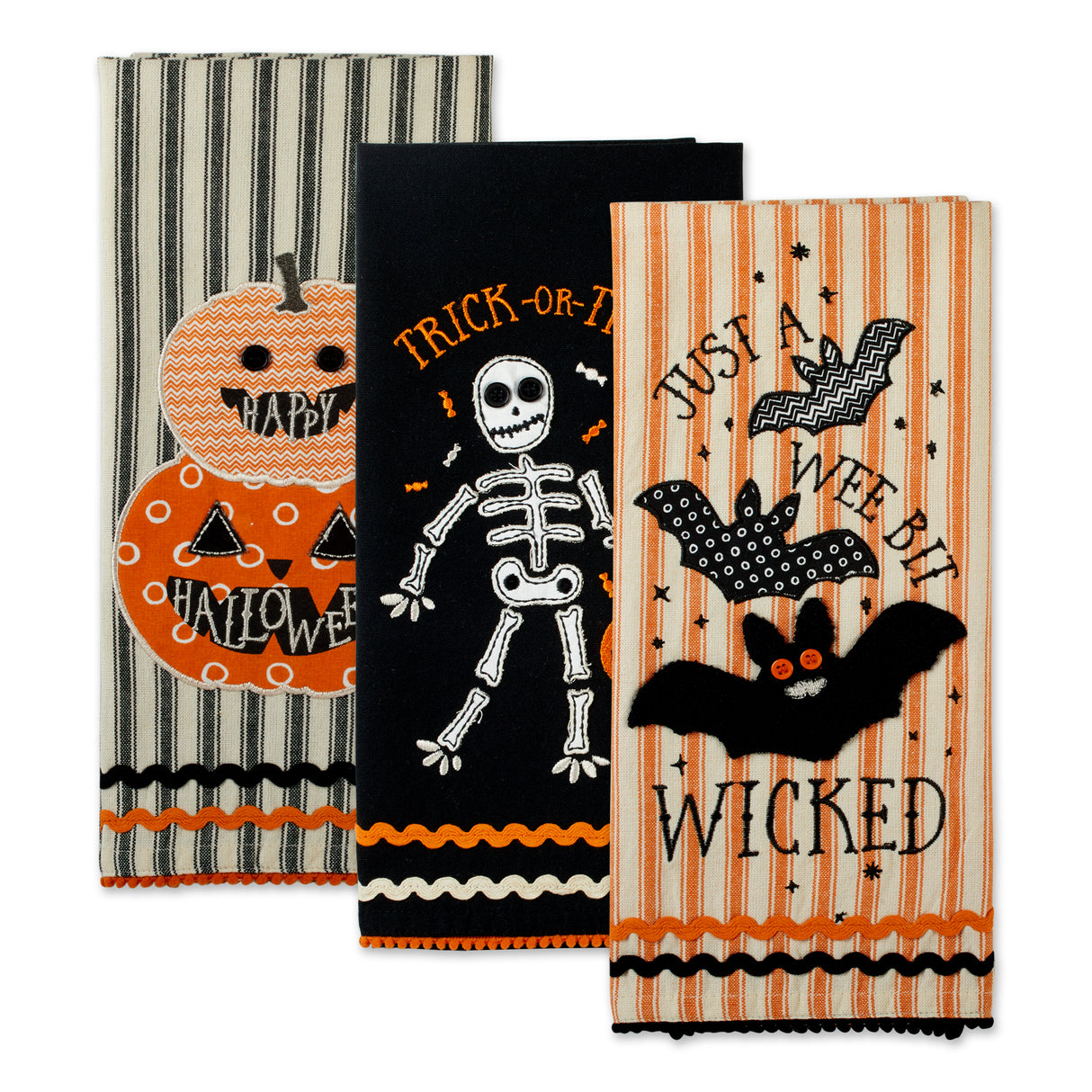 DII Asst Halloween Embellished Dishtowel Set/3, Trick or Treat Skeleton
