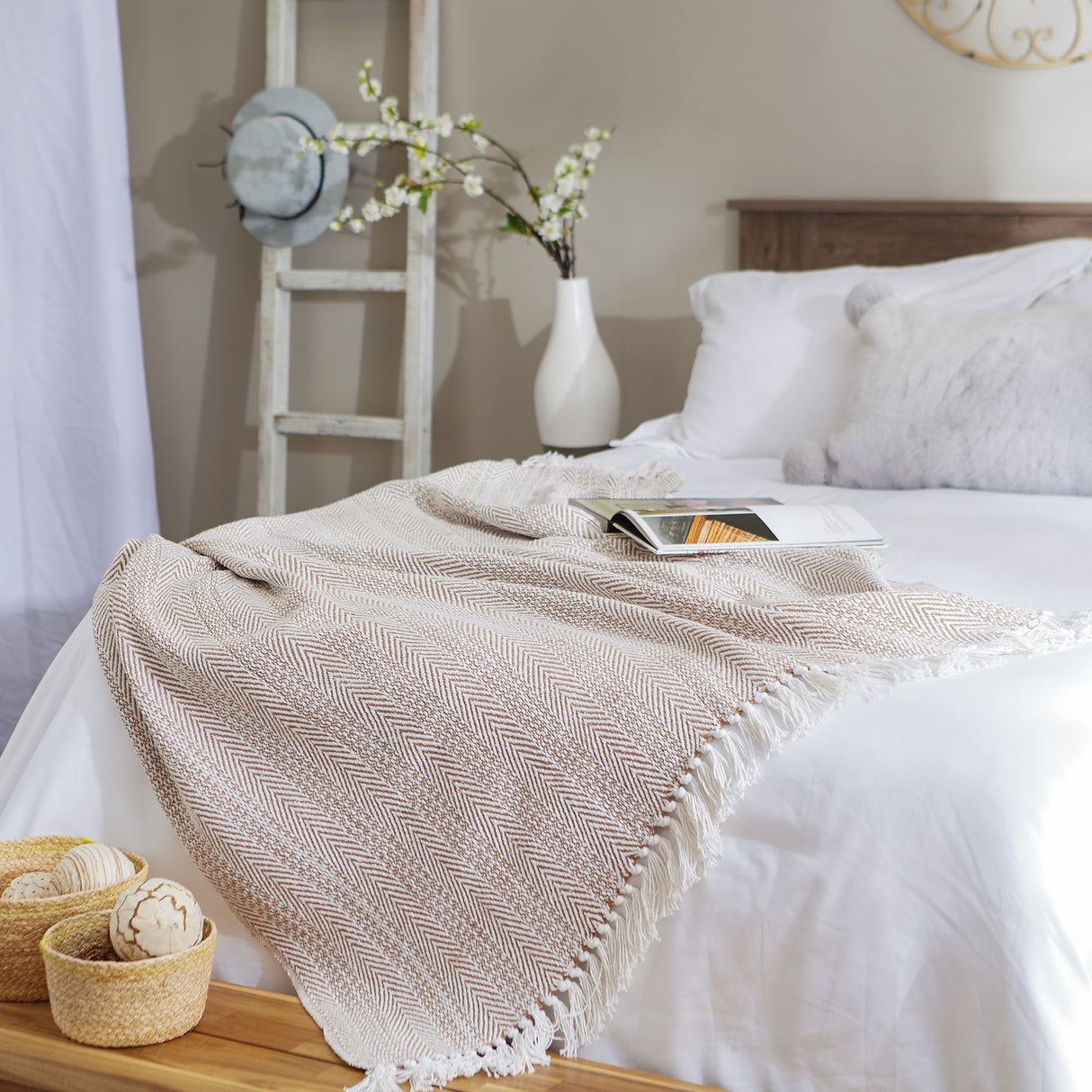 DII Herringbone Stripe Cotton Throw, Stone