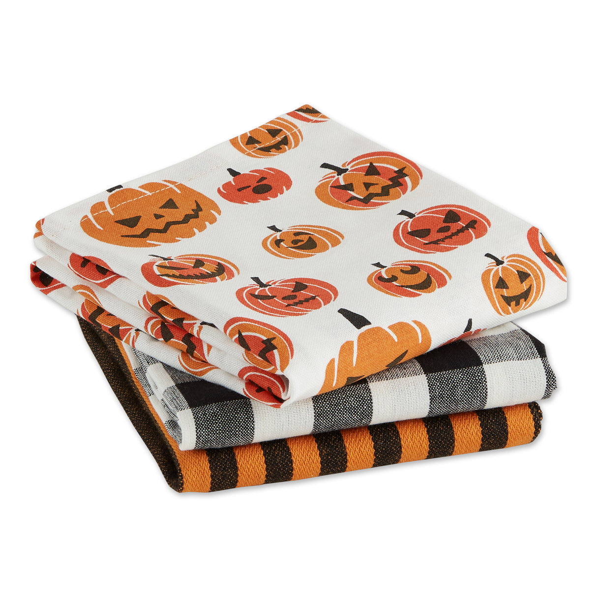 DII Halloween Mixed Dishtowel Set/3, Buffalo Check/Orange Stripes
