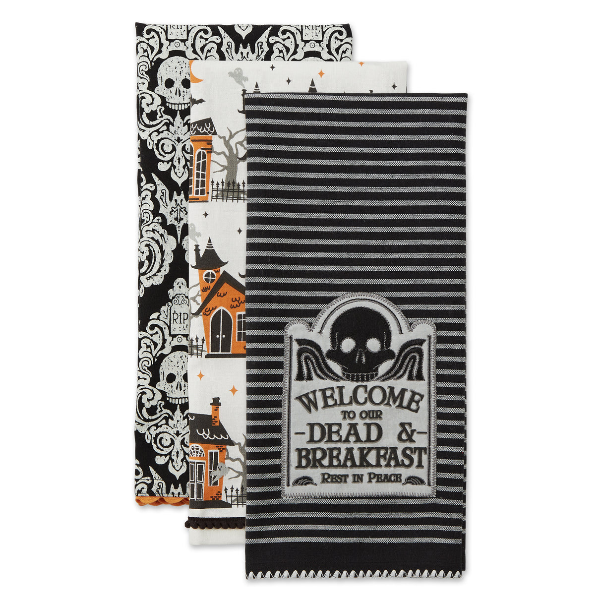 DII Asst Halloween Embellished Dishtowel Set/3, Skull Damask/Haunted House