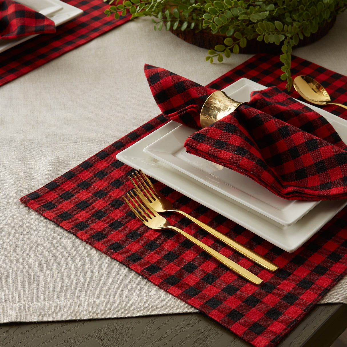 DII Reversible Buffalo Check/Gingham Placemat Set 4 Piece, Red/Black
