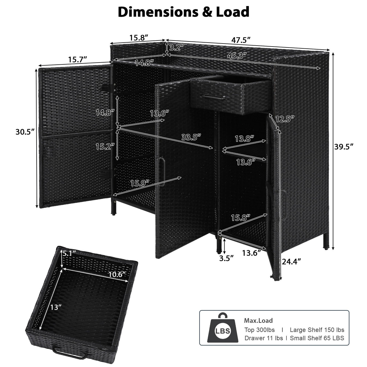 K&K 47.5"W Wicker Outdoor Storage Cabinet with Tempered Glass Desktop