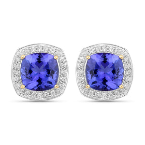 5.98 Carat Genuine Tanzanite and White Diamond 14K Yellow Gold Earrings