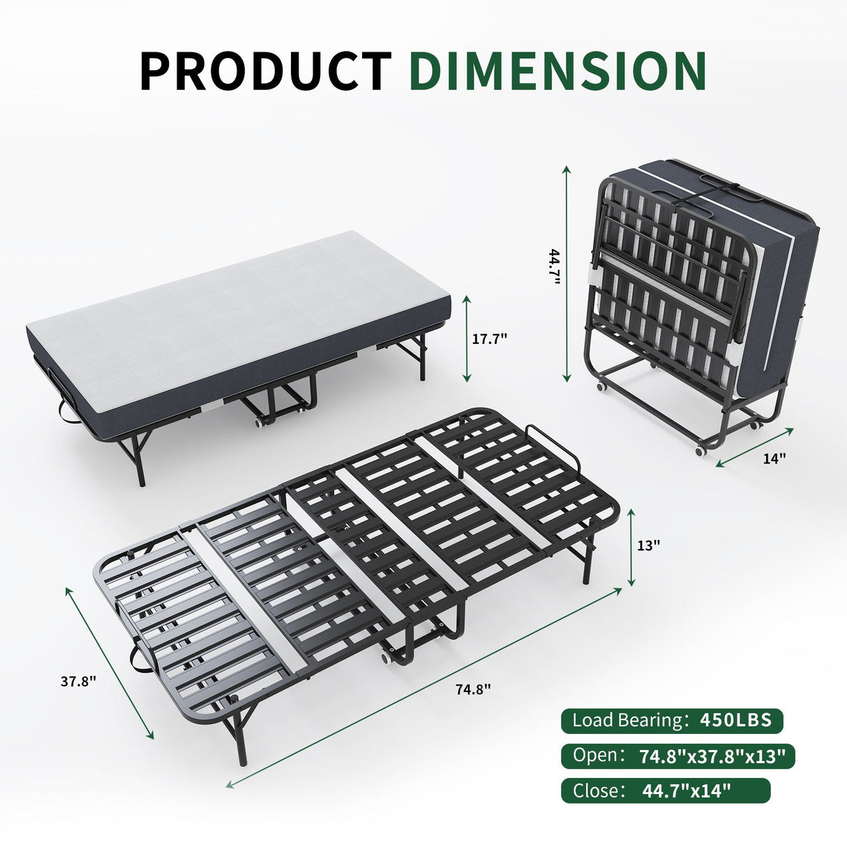 Twin Extra Long Folding Bed for Tall People with Memory Foam Mattress