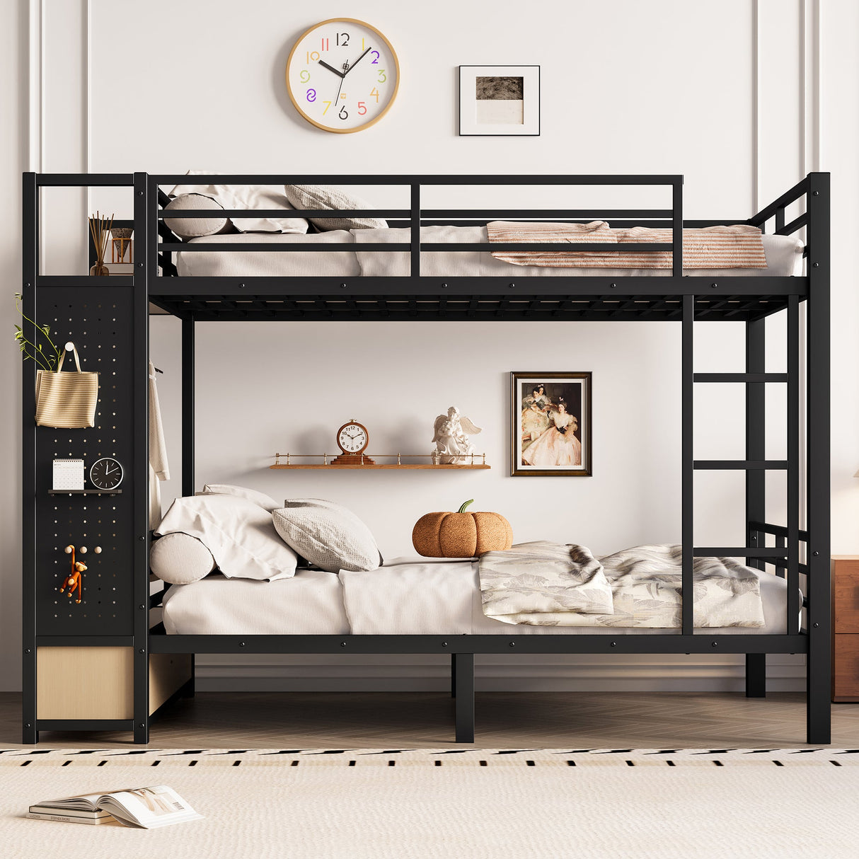 Full Over Full Size Metal Bunk Bed for Teens with Storage Shelves, Drawers and Pegboard