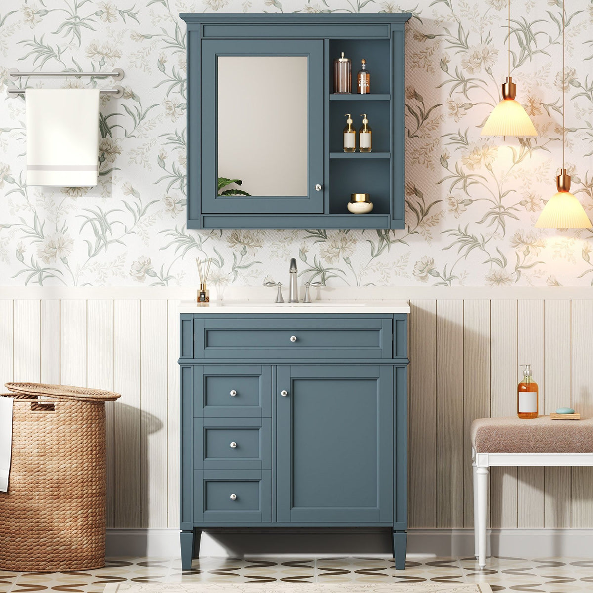 Bathroom Vanity With Medicine Cabinet, Royal Mirror Cabinet, Modern Bathroom Storage Cabinet With 2 Soft Closing Doors And 4 Drawers